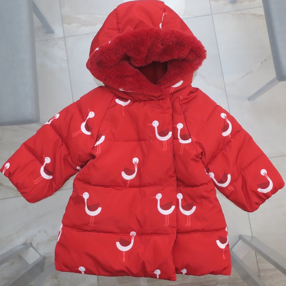 Jacadi Red Puffer Jacket with Bird Print